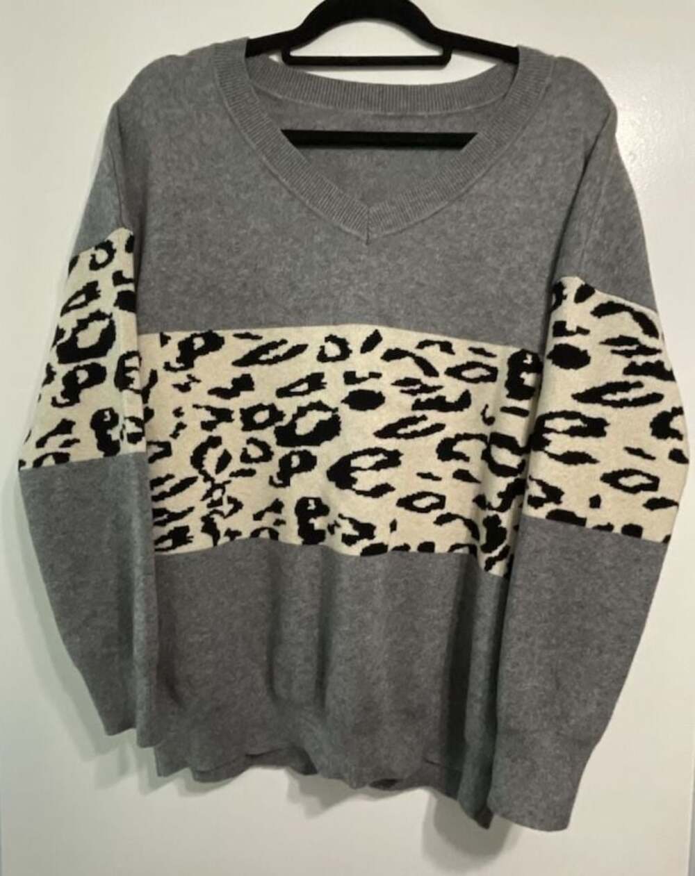 Womens Grey Oversized VNeck Patchwork Colorblock Sweater with Leopard Print
